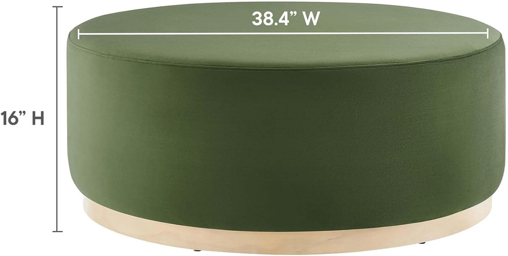 Modway Tilden 38 Inch Round Performance Velvet Upholstered Ottoman in Moss Green Natural - Round Ottoman Coffee Table for Living Room, Large Ottoman Foot Rest with Rubberwood Plinth Base