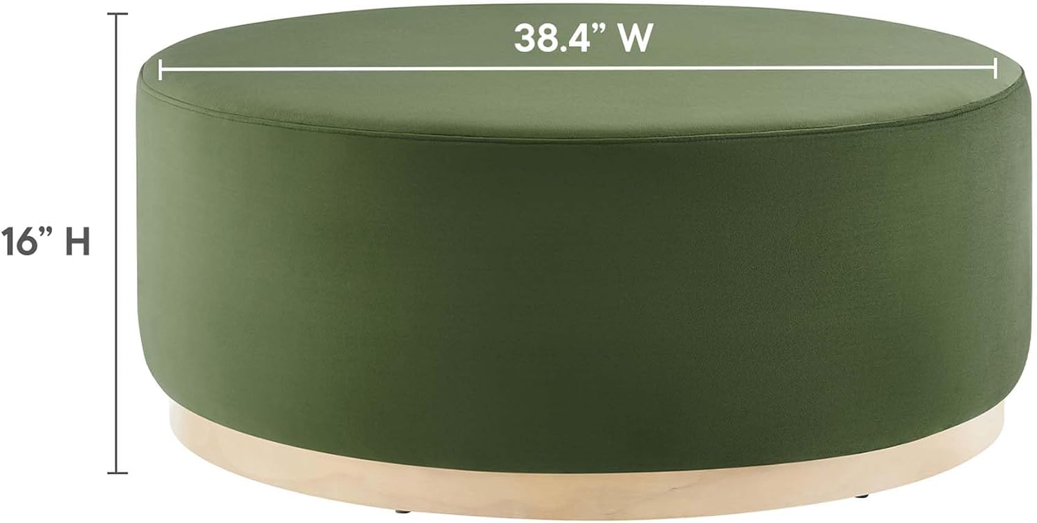 Modway Tilden 38 Inch Round Performance Velvet Upholstered Ottoman in Moss Green Natural - Round Ottoman Coffee Table for Living Room, Large Ottoman Foot Rest with Rubberwood Plinth Base