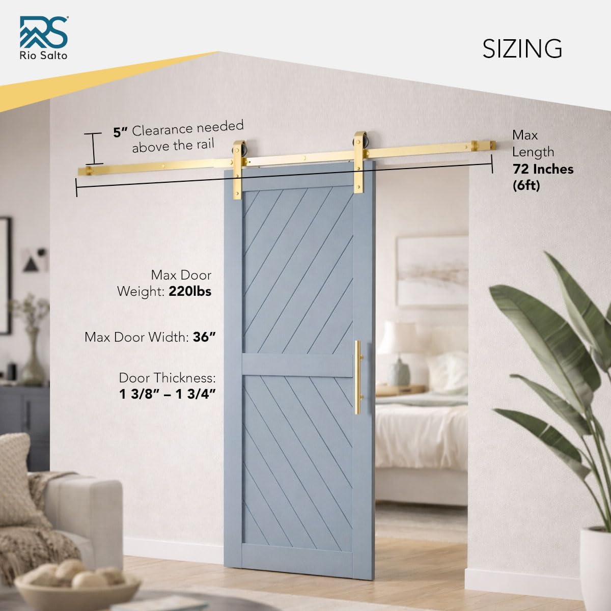 Rio Salto Gold Barn Door Hardware Kit Adjustable 72' Length Sliding Hardware 6FT Modern Barn Interior Gold Brushed Brass Panel Hardware - Hardware ONLY (Hardware Kit Plus, 6 Feet - Single Door)