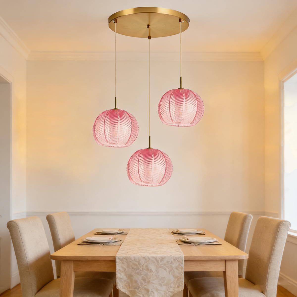 Cluster Chandelier 3-Lights Gold Pink Pendant Light Fixtures Glass Globe Chandeliers Dining Room Classic Glass Ball 8.6' Shade Adjustable Height Mid Century Modern Chandelier