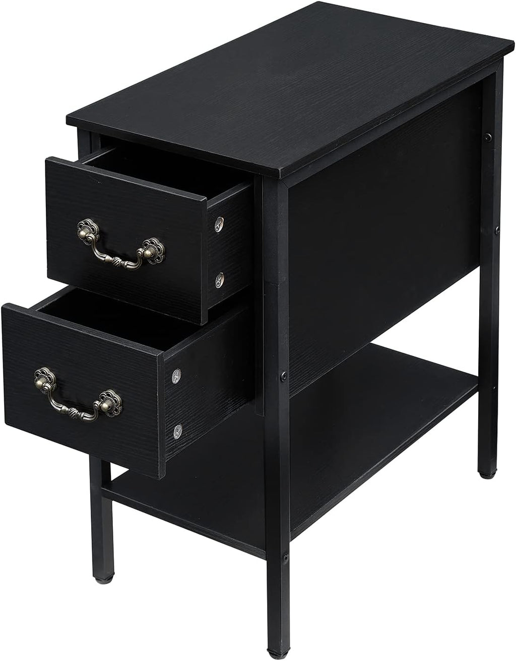 VECELO End Tables,Narrow Nightstand with Drawers and Storage Shelf,Modern Night Stand for Small Spaces, Living Room,Bedroom，Black