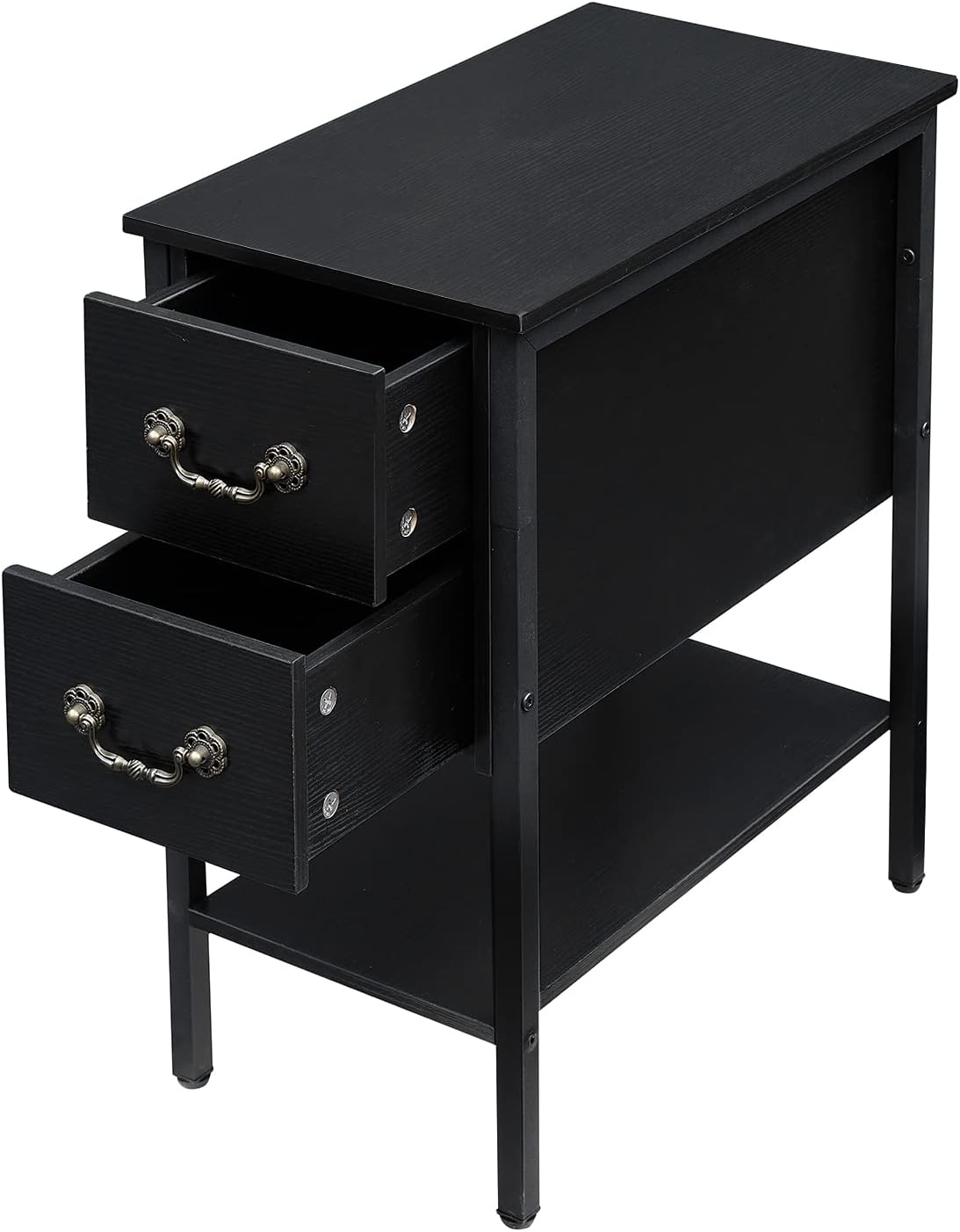 VECELO End Tables,Narrow Nightstand with Drawers and Storage Shelf,Modern Night Stand for Small Spaces, Living Room,Bedroom，Black