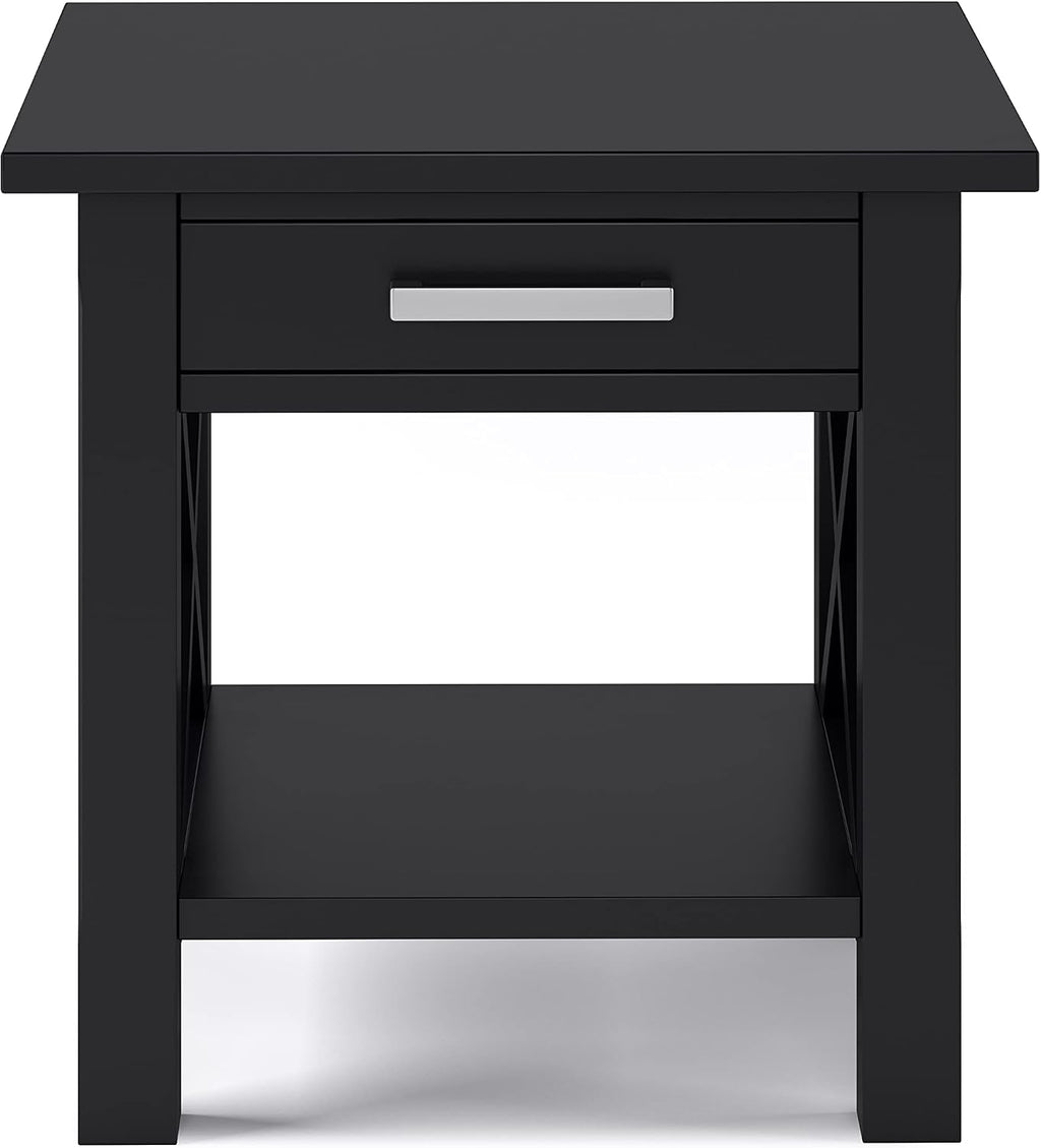SIMPLIHOME Kitchener End Table - 21 inch Wide Solid Wood Square Accent Table with Drawer and Open Shelf in Black, Contemporary Nightstand or Lamp Stand with X-Design for Living Room or Bedroom