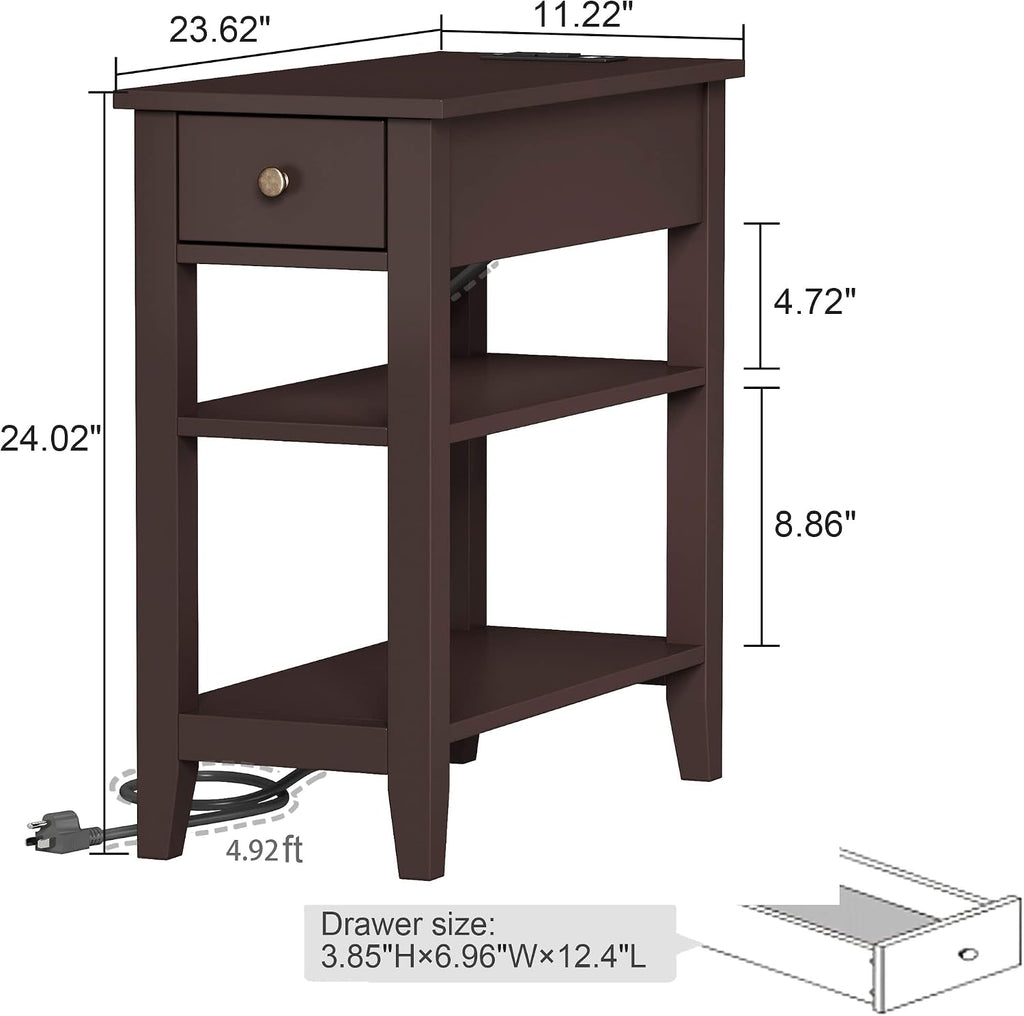 ChooChoo Narrow End Table Set of 2,Side Table Living Room with USB Ports & Power Outlets and Hidden Drawer, 3-Tier Skinny Nightstand with 2 Open Storage Shelves for Small Place(Espresso)