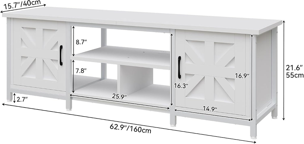 DWVO Modern Farmhouse TV Stand with LED Lights & Power Outlets for TVs up to 75 Inch, White Entertainment Center with Storage Cabinets & Adjustable Shelves, Media Console Table for Living Room