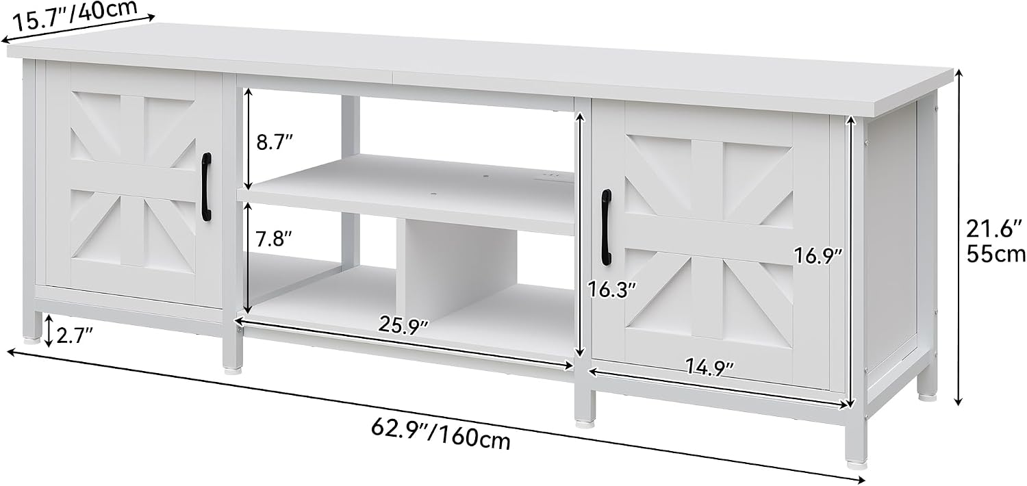 DWVO Modern Farmhouse TV Stand with LED Lights & Power Outlets for TVs up to 75 Inch, White Entertainment Center with Storage Cabinets & Adjustable Shelves, Media Console Table for Living Room