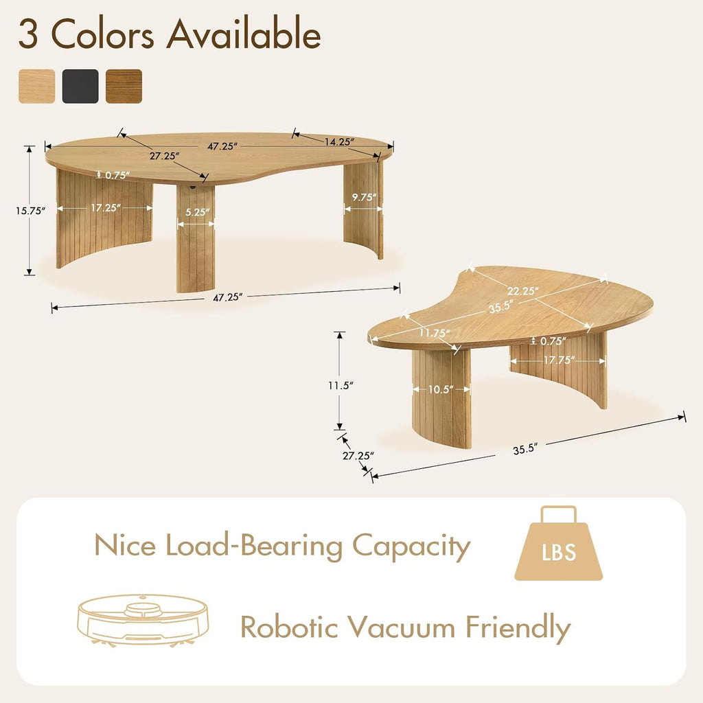 Hyfirm Modern Boho Nesting Coffee Tables, Set of 2 with Solid Wood Fluted Legs, Oval Irregular Mango Shape Modular Center Table for Living Room, Small Apartment