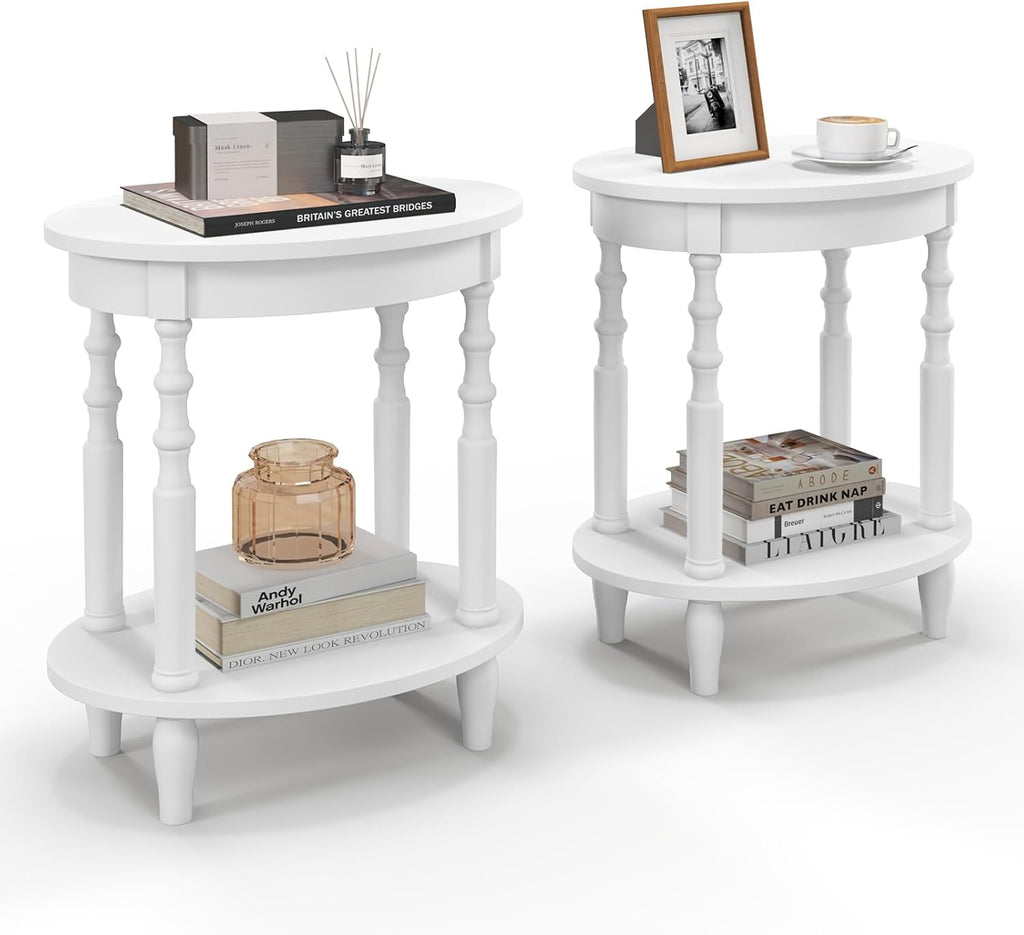 Giantex Oval End Tables Set of 2, 2-Tier Side Tables with Storage Shelf & Solid Wood Legs, Modern Living Room Accent Table, Wood Nightstand for Bedroom, Small Space, 20.5'L x 15.5'D x 24.5'H, White
