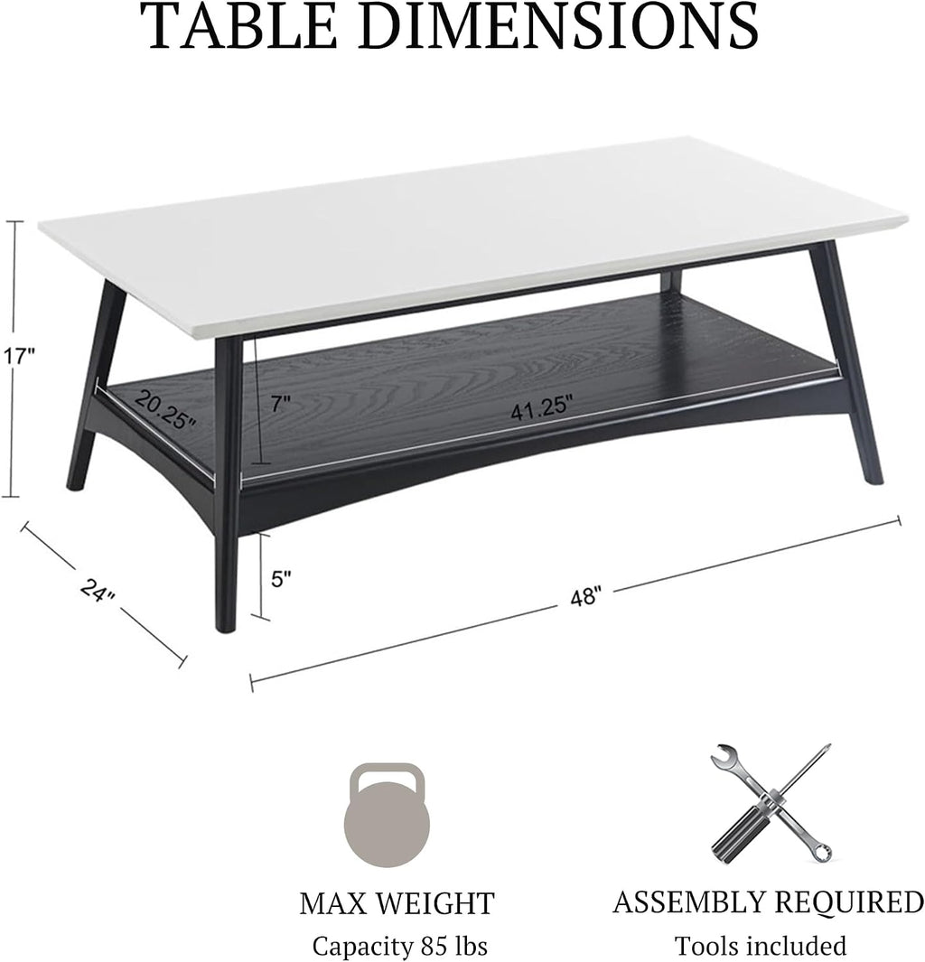 Madison Park Coffee Table with Storage Shelf, Rectangular Table for Living Room, Solid Wood Frame & Legs Accent Furniture for Living Room, Minimalist Décor - 48' W x 24' D x 17' H Off-White/Black