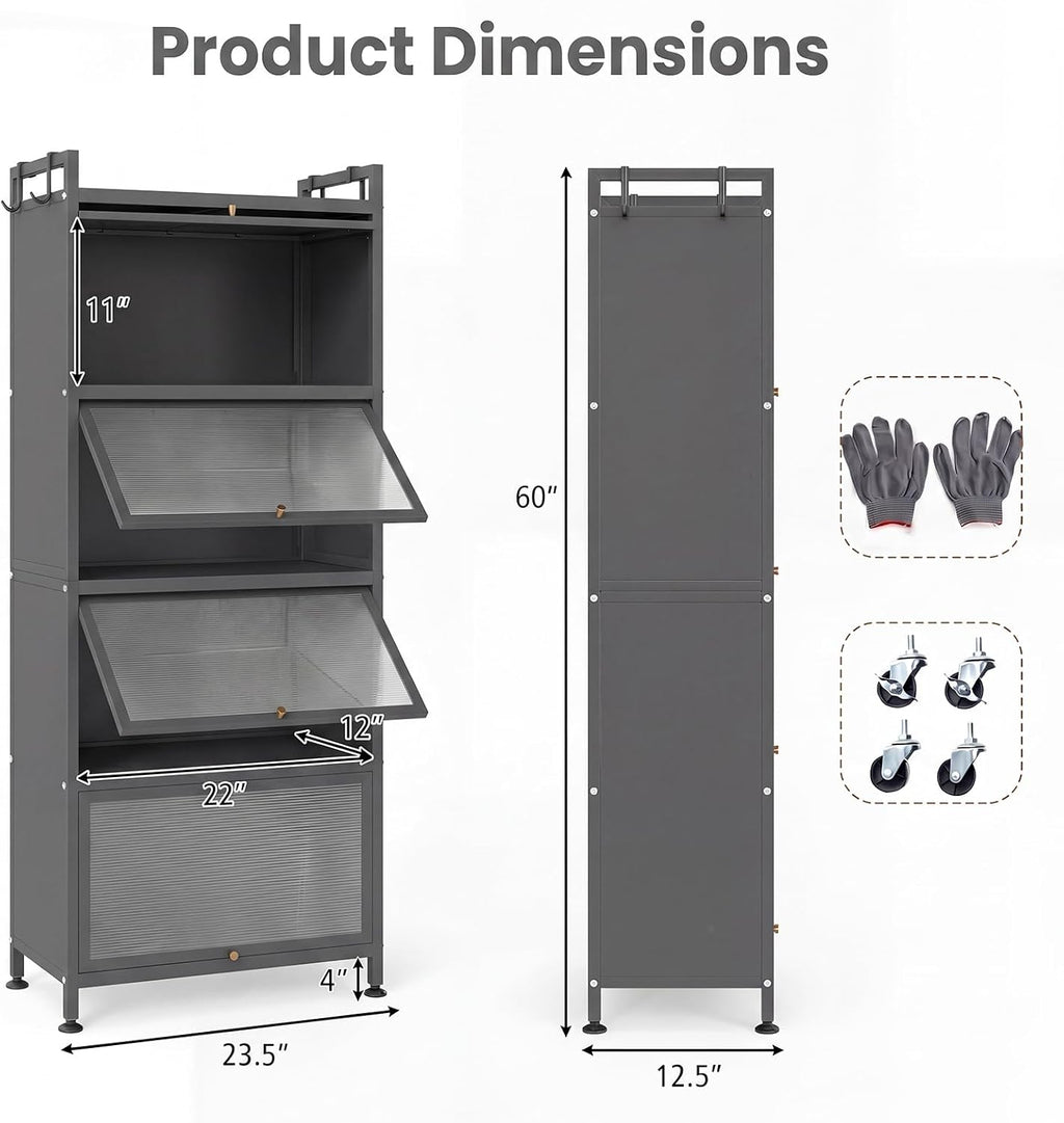 LOKO 5-Tier Kitchen Storage Cabinet,Freestanding Baker's Rack with 4 Rolling Casters, Mobile Microwave Stand with Double Anti-toppling Device, for Dining Room, Living Room and Study (Grey, 60.5' H)