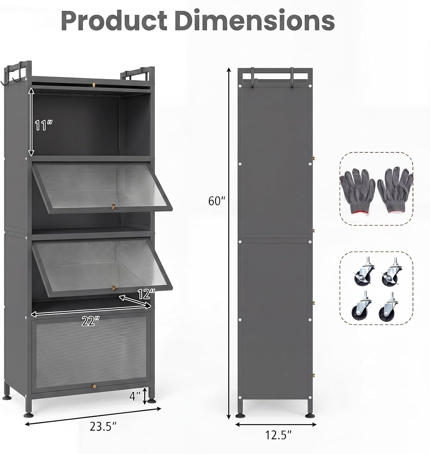 LOKO 5-Tier Kitchen Storage Cabinet,Freestanding Baker's Rack with 4 Rolling Casters, Mobile Microwave Stand with Double Anti-toppling Device, for Dining Room, Living Room and Study (Grey, 60.5' H)