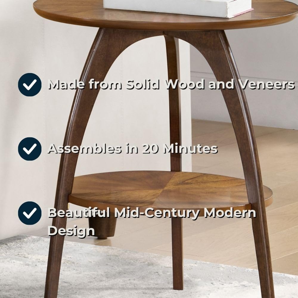 Retro Mid-Century Modern Round Wood End Table, Solid Grain Side Table with Lower Shelf, Small Accent Table for Living Room or Nightstand. Nutmeg Brown Top with Espresso Brown Legs