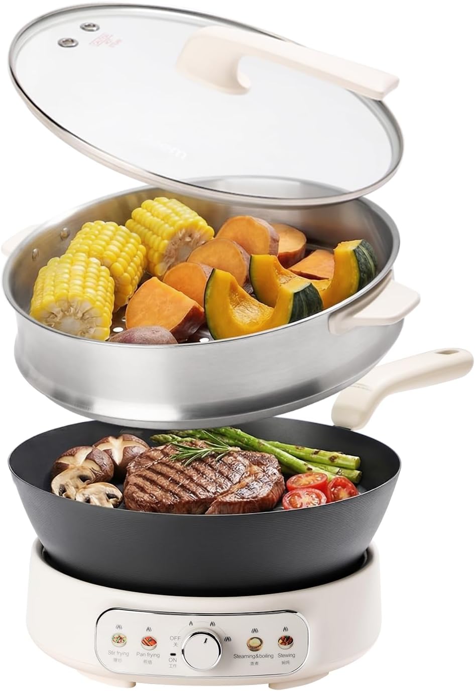 Joydeem 5Qt Electric Skillet, Pure Iron Nonstick Frying Pan with Glass Lid & Steamer Rack, 1600W 3-Level Heat Control, Removable Pot, Family-Sized Cooker for Boil Steam Sauté, 11.81inch