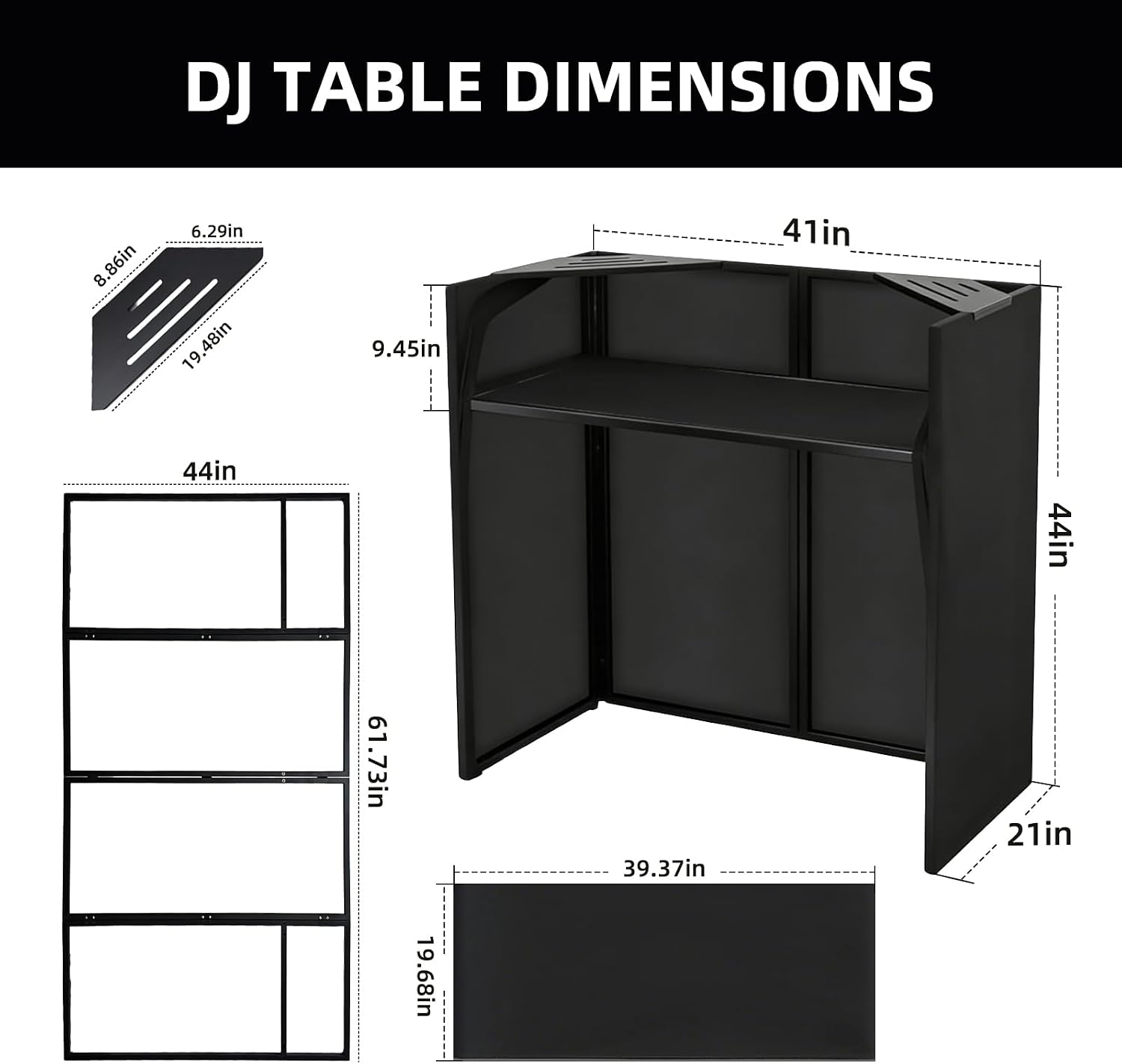 DJ Booth Portable 44 * 21 * 48in, DJ Facade Booth DJ Table Stand w/Black & White Scrim, Carrying Bag, Metal Foldable DJ Stand Table Station for Wedding, Show, Party