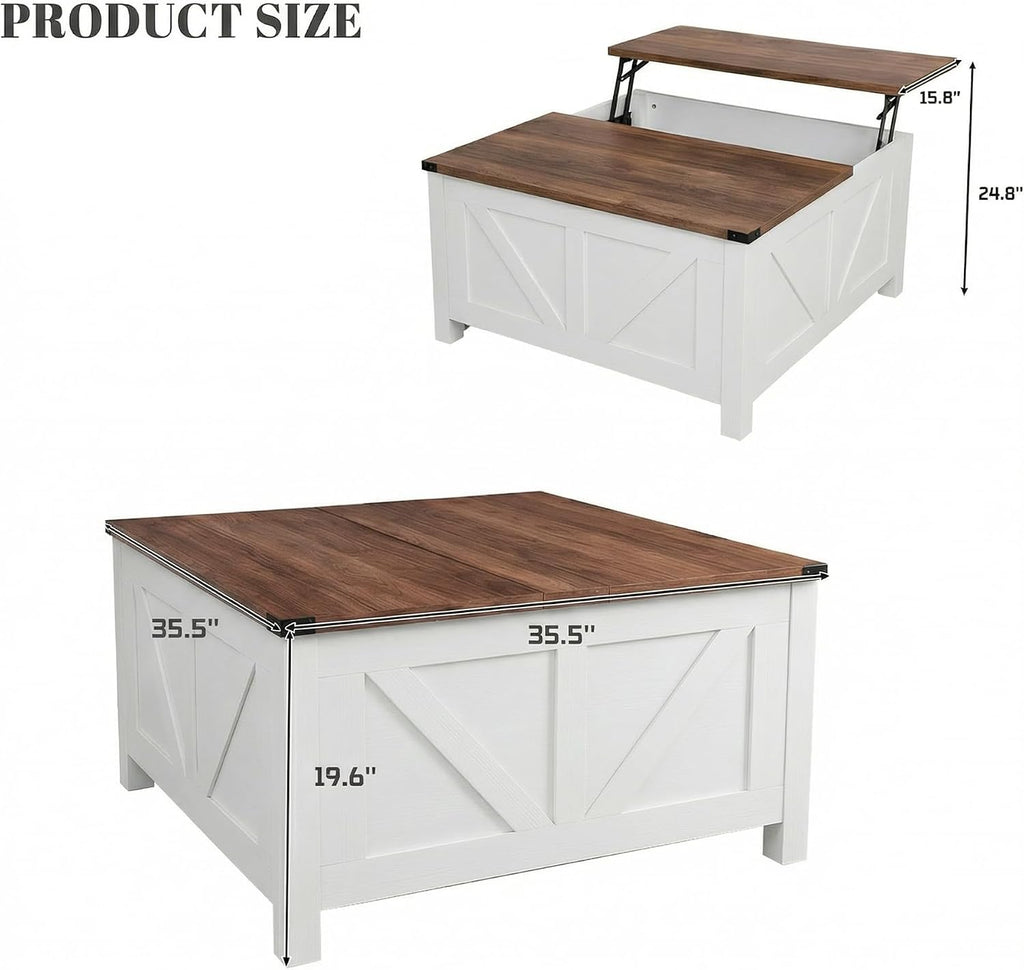 35' Farmhouse Coffee Table with Large Storage, Rustic Wood Lift Top Coffee Table for Living Room, Square Center Table with Charging Station&USB, Modern Port Pottery Barn Lift top Table