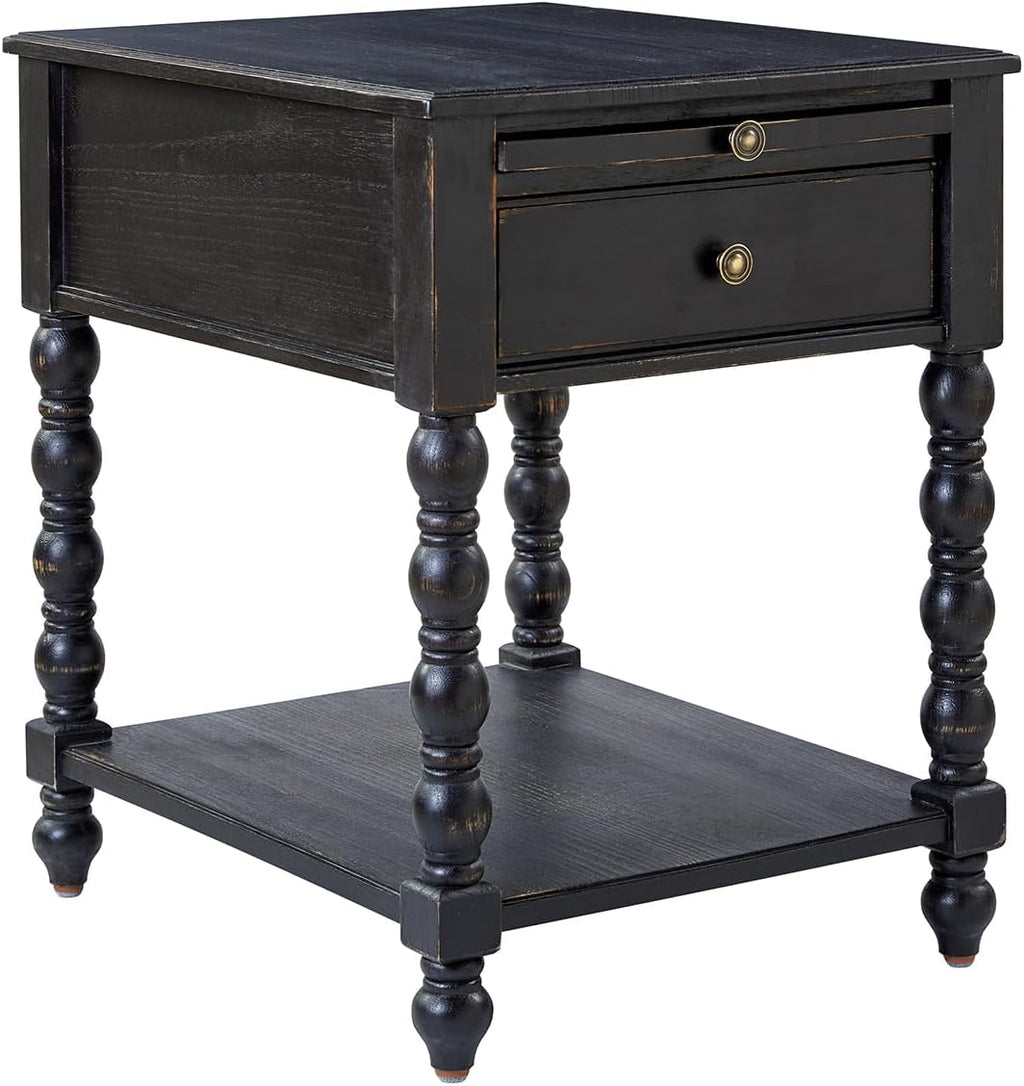 HULALA HOME Spindle Nightstands with Charging Station, Solid Wood Nightstand with Drawer Shelf, Side Table with Pull-Out Shelf (1, Charcoal)