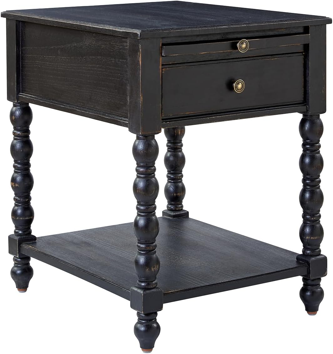 HULALA HOME Spindle Nightstands with Charging Station, Solid Wood Nightstand with Drawer Shelf, Side Table with Pull-Out Shelf (1, Charcoal)