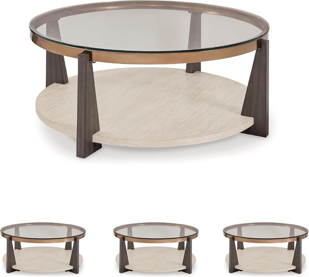 Signature Design by Ashley Frazwa Round Glasstop Coffee Table, Gray/Brown/Gold