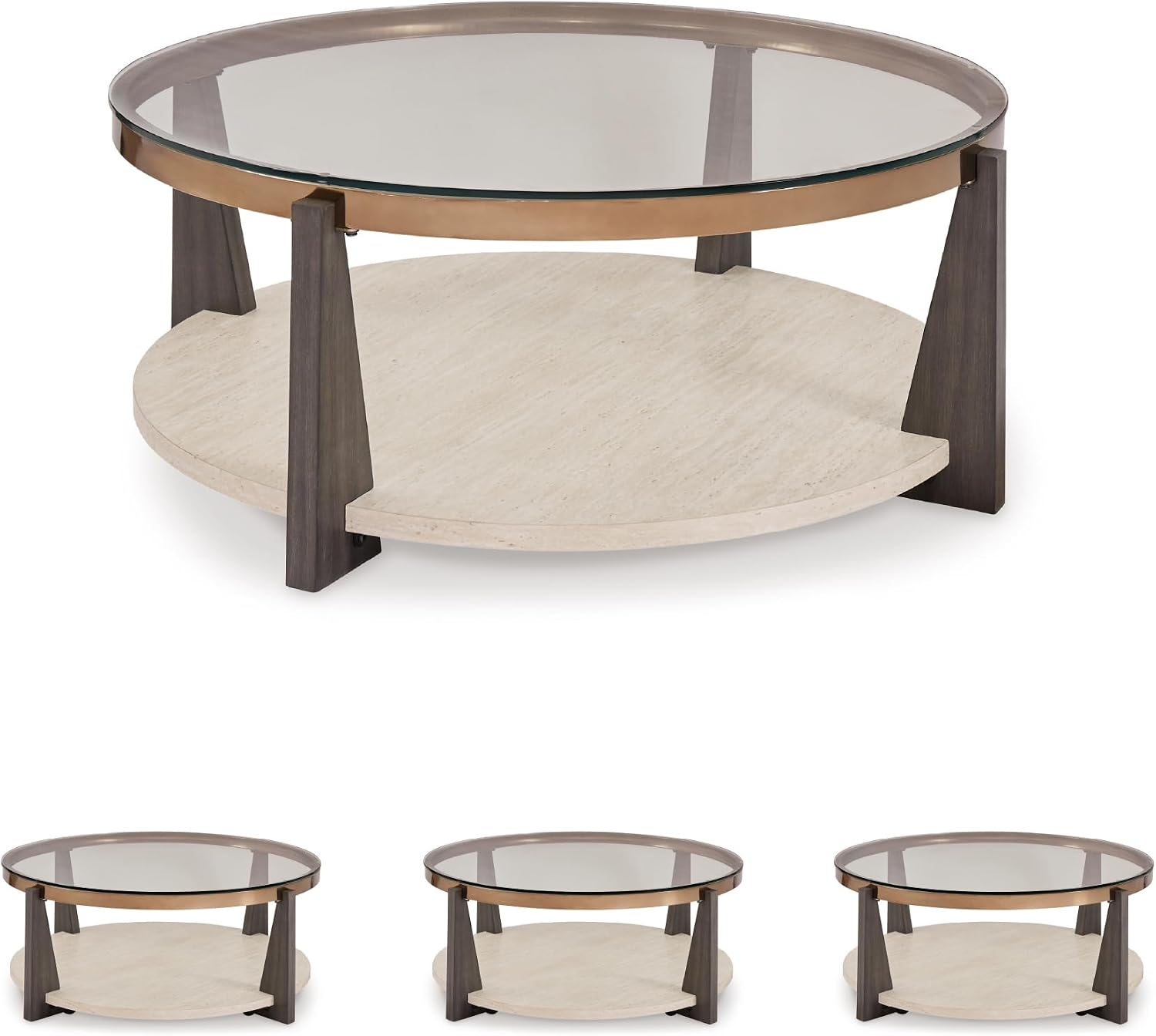 Signature Design by Ashley Frazwa Round Glasstop Coffee Table, Gray/Brown/Gold
