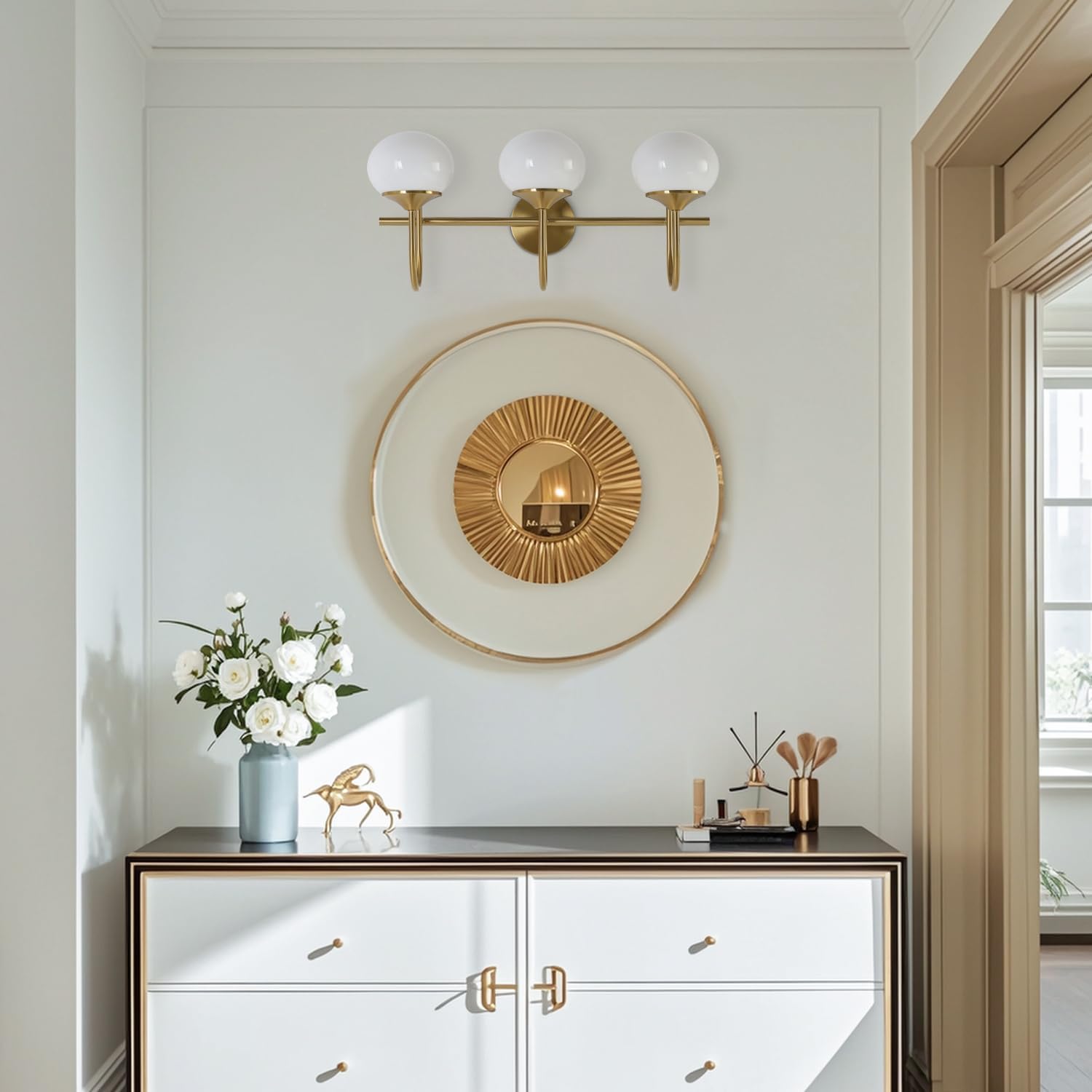 BOKT Modern Vanity Light Fixtures Mid Century 3-Light Bathroom Vanity Lights Fixtures Over Mirror with Milk White Glass Globe Shade Gold Wall Sconce for Living Room Dressing Table