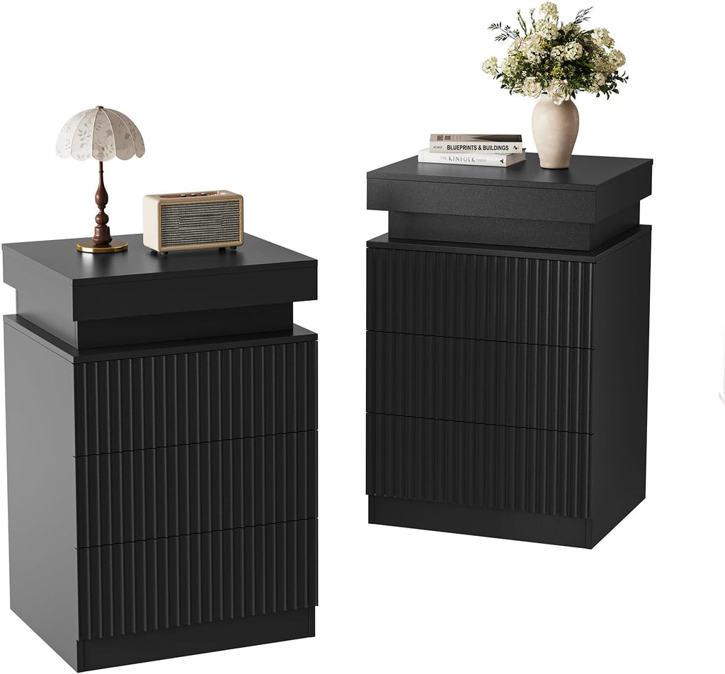 Night Stand Set 2 with Charging Station & LED Light, Mid Century Modern Fluted Bedside & End Tables with 3 Drawers, Sliding Top & Hidden Storage, Wooden Farmhouse NightStand for Bedroom Office, Black