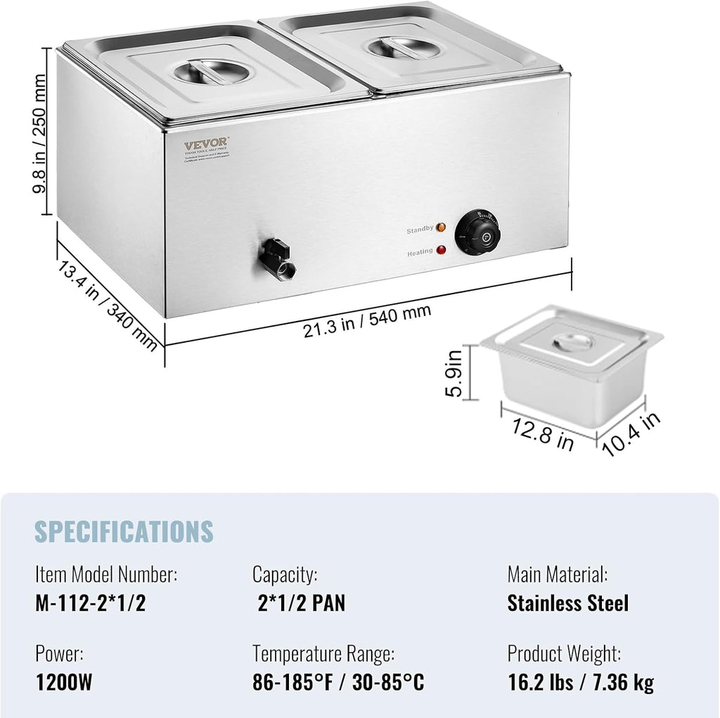 VEVOR 110V 2-Pan Commercial Food Warmer 1200W Electric Steam Table 15cm/6inch Deep Stainless Steel Bain Marie 24 Quart for Buffet Catering, Silver