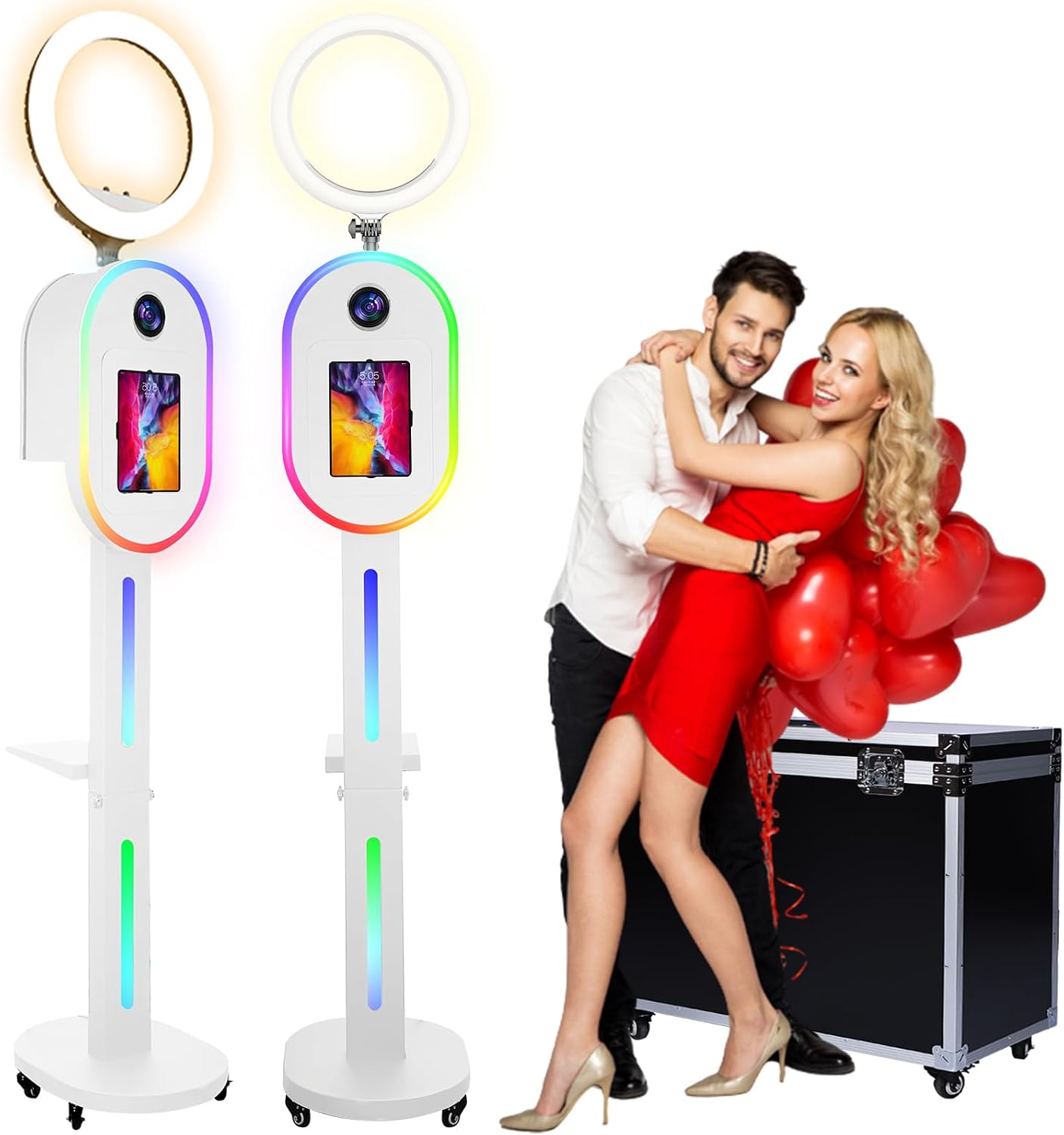 RDYMONKEY Photo Booth for All iPad and for Camera Dualuse Selfie Station Shell Stand APP Control RGB Ring Light Music Sync Light Box Photobooth Machine with Flight Case for Rental