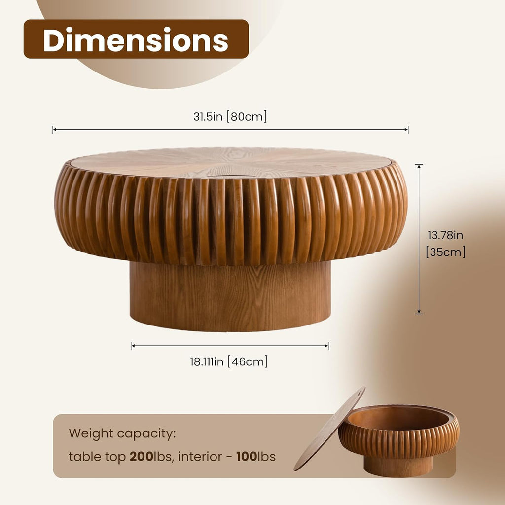Fluted Round Coffee Table with Storage, 31.5' Modern Drum Wood Coffee Tables with Sturdy Base, Unique Circle Center Tea Table for Living Room Apartment Small Spaces (31.49' Brown with Storage)