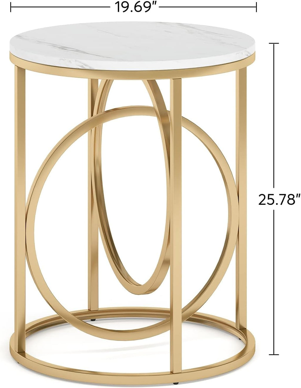 LITTLE TREE 20' Round End Table，Modern Sofa Side Table with Gold O-Shaped Base, Faux Marble White Cocktail Table Accent Table Nightstand for Living Room Bedroom, 2PCS