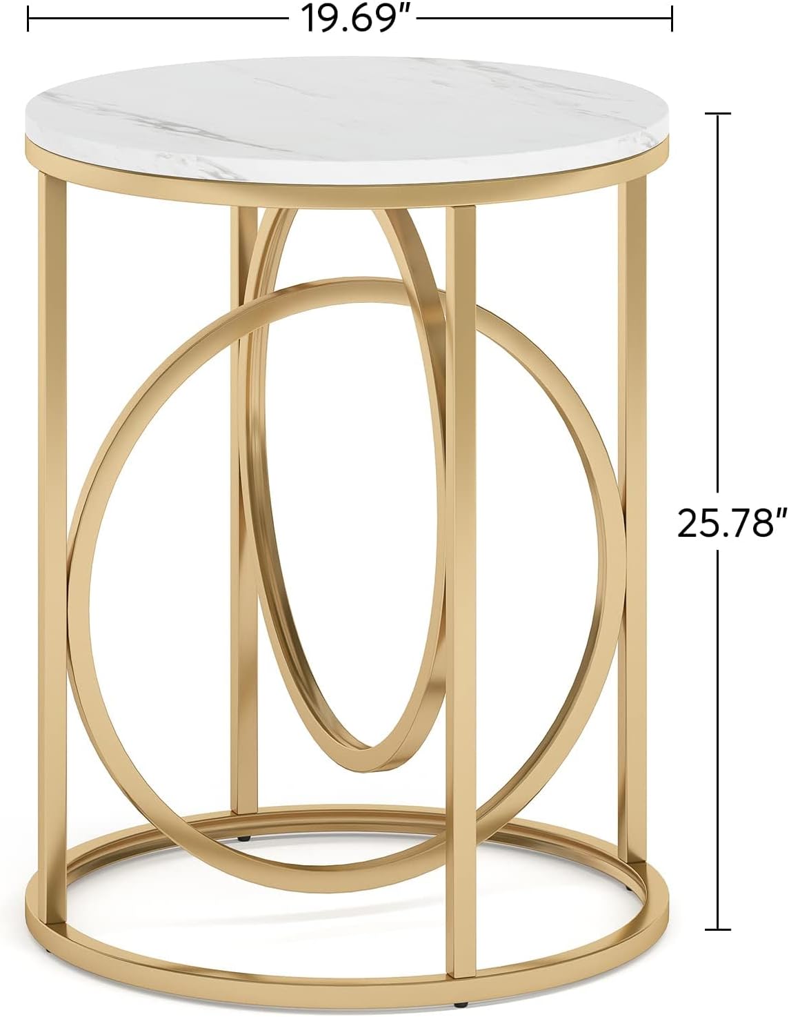LITTLE TREE 20' Round End Table，Modern Sofa Side Table with Gold O-Shaped Base, Faux Marble White Cocktail Table Accent Table Nightstand for Living Room Bedroom, 2PCS