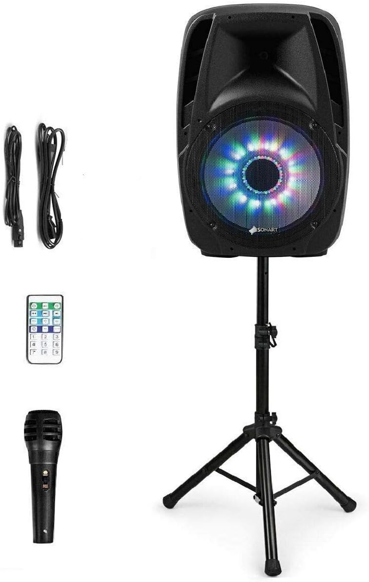 Sonart 15' 1500W Powered Speakers, 2-Way Full Range Portable PA Speaker System Combo Set With Stands/Illuminating Light/Microphone/EQ/USB/Bluetooth