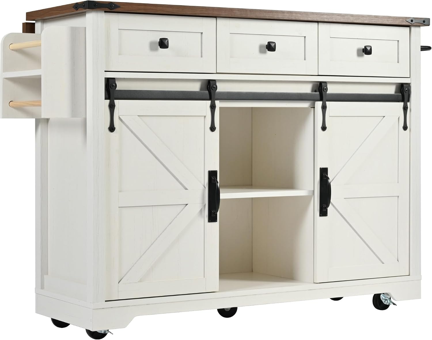 Bellemave 53.7' Farmhouse Kitchen Island cart with Charging Station, Rolling Kitchen Island Table with Drop-Leaf, 3 Drawers, Barn Doors, Large, White
