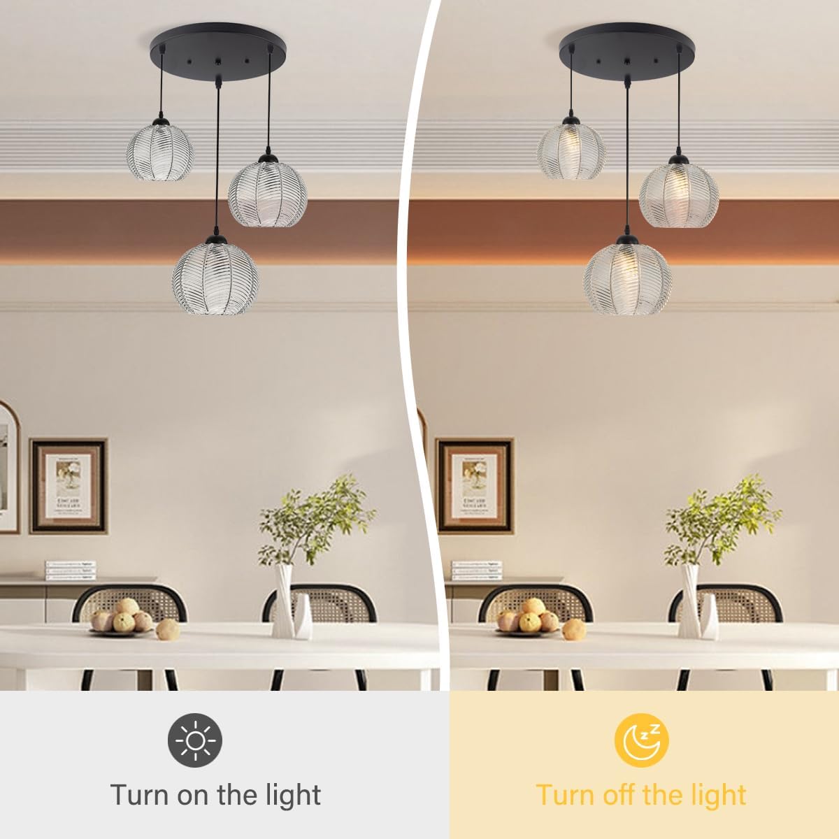 mid Century Pendant Lights Kitchen Island Chandelier Clear Black Pendant Light Pumpkin Design with Ribbed Glass Shade Modern Adjustable Cord Glass Ceiling Pendant Light Dining Room