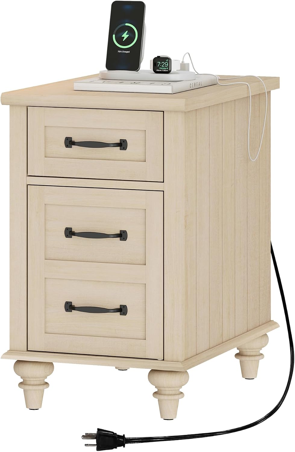 WAMPAT Beige End Table with Charging Station, Narrow Side Table with 1 Drawer &1 Storage Cabinet, Mid Century Modern Nightstand with Power Outlets & USB Ports for Living Room, Bedroom