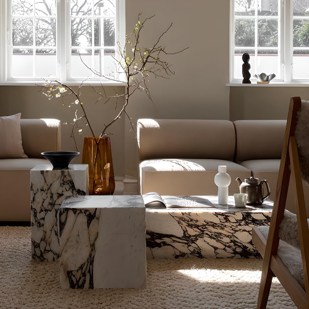 LITFAD Modern Style Coffee Table Marble Stone Side Table Rectangular Living Room Table Tea Table for Home Furniture, 39.5' L x 23.5' W x 12' H