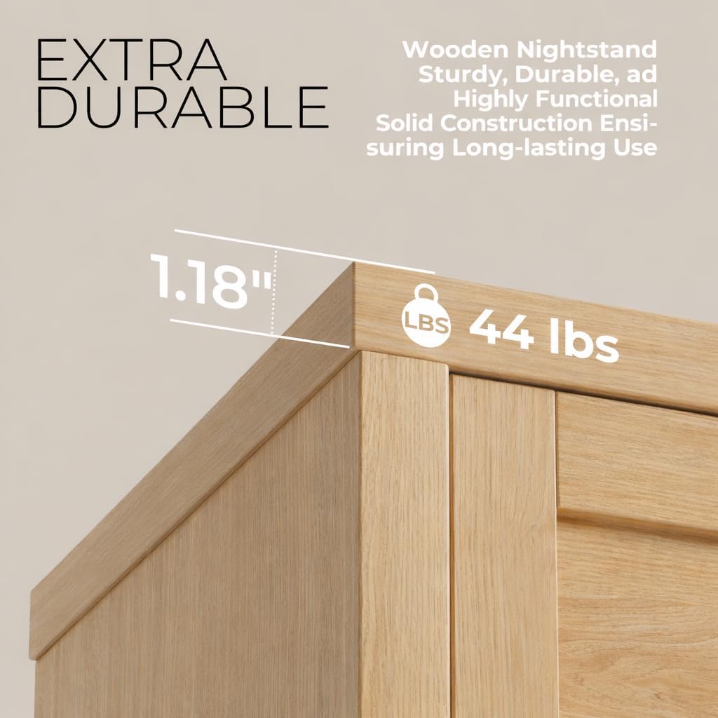 Walsham Natural Nightstand Set of 2 Boho Bedside Tables with Drawer and Storage Shelf Farmhouse Side End Tables for Bedroom Sofa, (Light Weathered Oak, 2 Set)