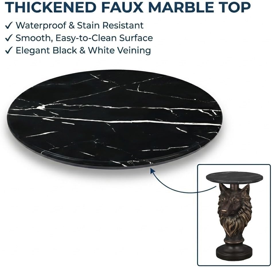 Wolf Head Sculptural Side Table with Faux Marble Top, 17.71' Round Resin Animal End Table, 25.2' H Unique Wolf Statue Decor for Living Room & Office, Gothic Housewarming Gift