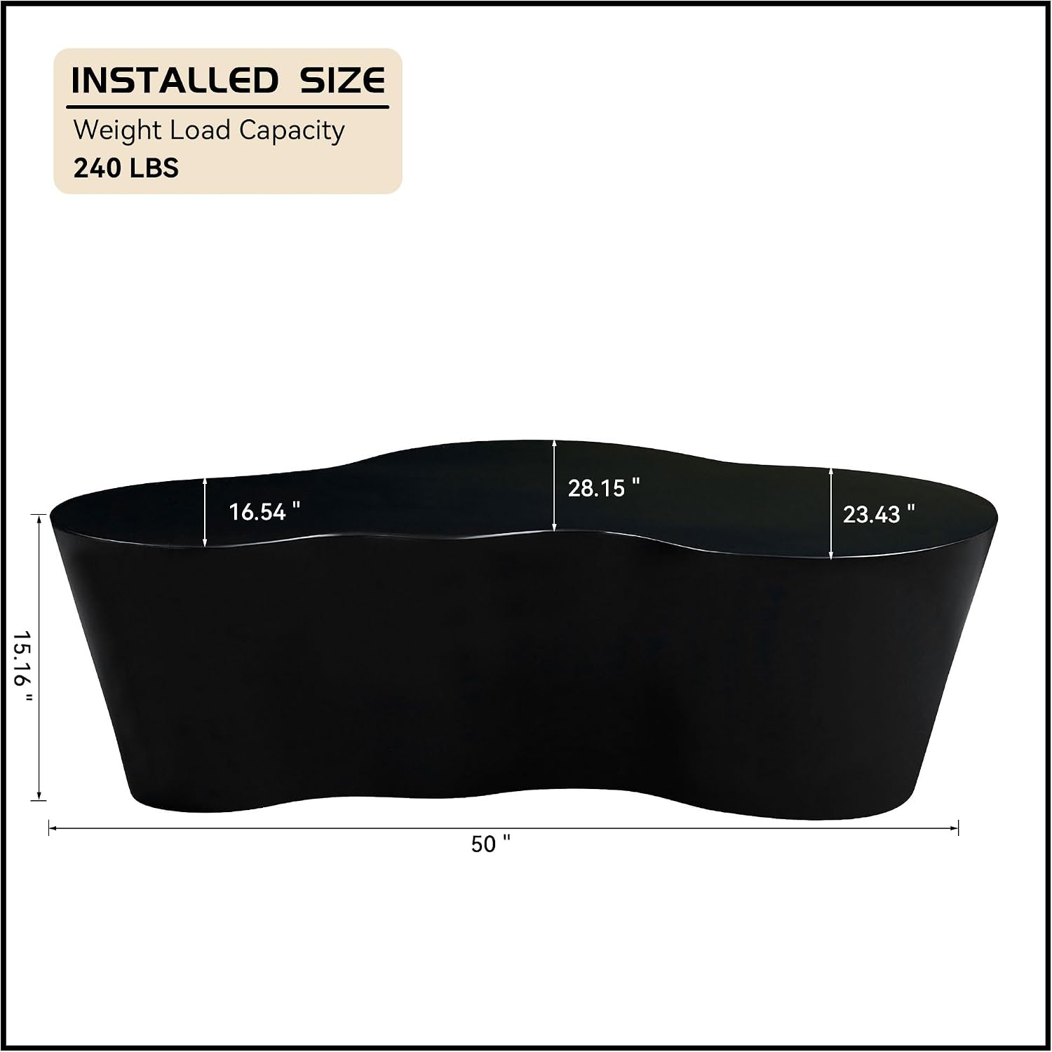 50' Coffee Table Modern Irregular Center Table Fiberglass Sturdy Table for Living Room, No Need Assembly Black