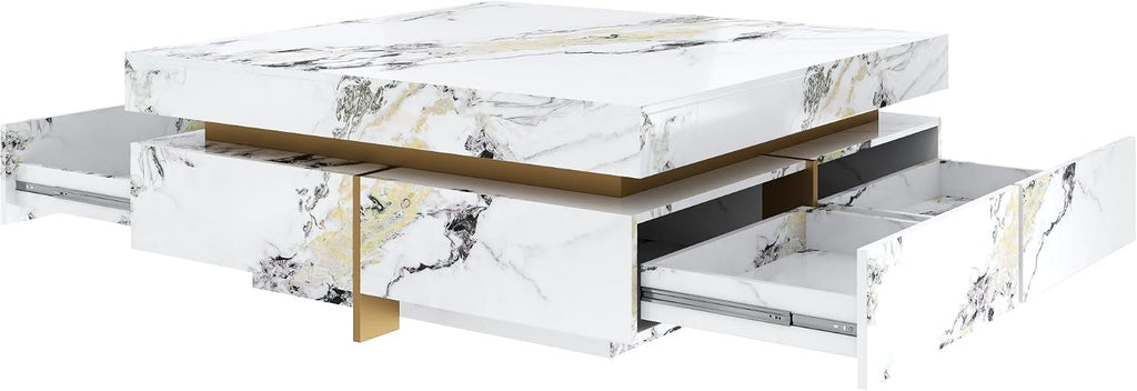 Merax 43.3 Inch Modern Large Square Coffee Table with Marble Textured Top, 4 Built-in Drawers Ample Storage and Floating Suspended Base, Modern Elegance White MDF Storage Center Table for Living Room