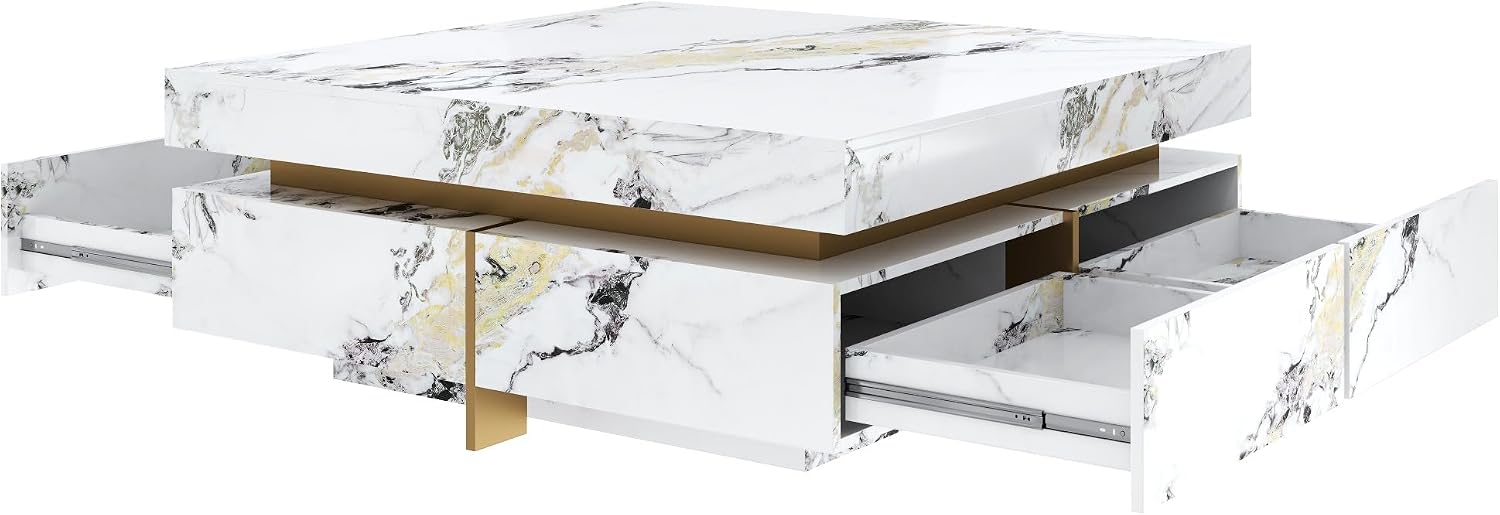 Merax 43.3 Inch Modern Large Square Coffee Table with Marble Textured Top, 4 Built-in Drawers Ample Storage and Floating Suspended Base, Modern Elegance White MDF Storage Center Table for Living Room