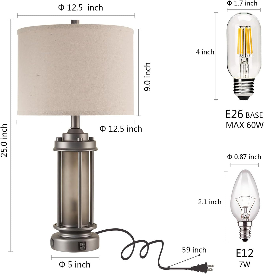 AIEAMPDO Industrial Metal Table Lamps Set of 2 Living Room Bedroom, 2 USB Ports Bedside Lamp with Glass Nightlight, Modern Desk Lamp for Entryway Office End Table, 4 Bulbs Included