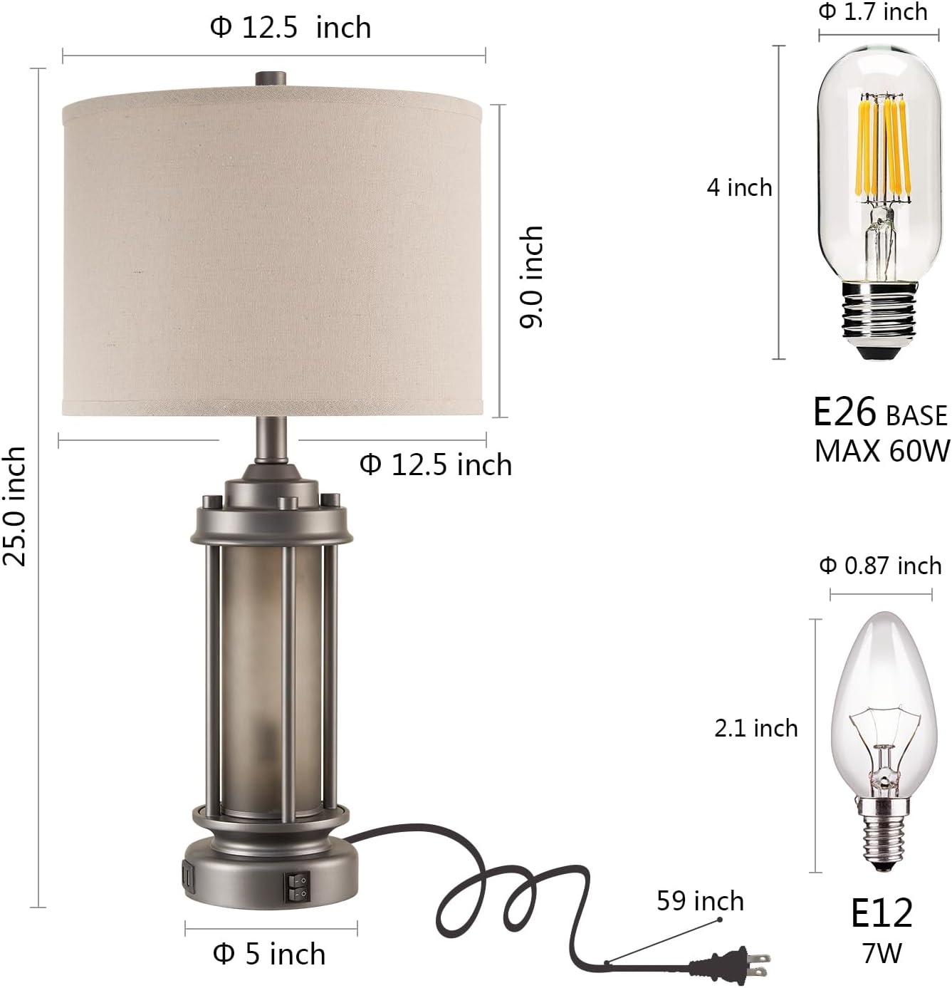 AIEAMPDO Industrial Metal Table Lamps Set of 2 Living Room Bedroom, 2 USB Ports Bedside Lamp with Glass Nightlight, Modern Desk Lamp for Entryway Office End Table, 4 Bulbs Included
