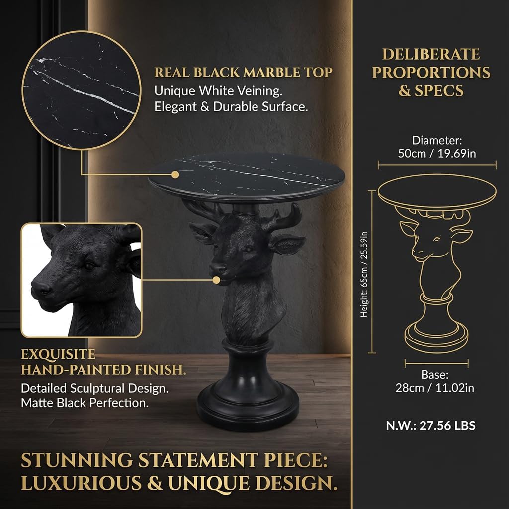Sculptural Deer Head Side Table, Artistic Animal End Table with Faux Marble Top, Modern Accent Table for Living Room Bedroom, Unique Home Decor Gift for Housewarming, 19.69' W x 25.59' H