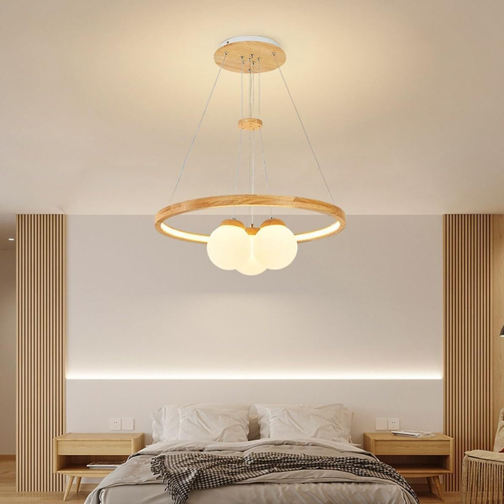 Ceiling Light Bedroom Wood Ring+3/6 Lights Adjustable LED Ceiling Hanging Lamp White Globe Shade Chandelier Hanging Light Kitchen Island Hotel Pendant Lamp Fixture for Living Room