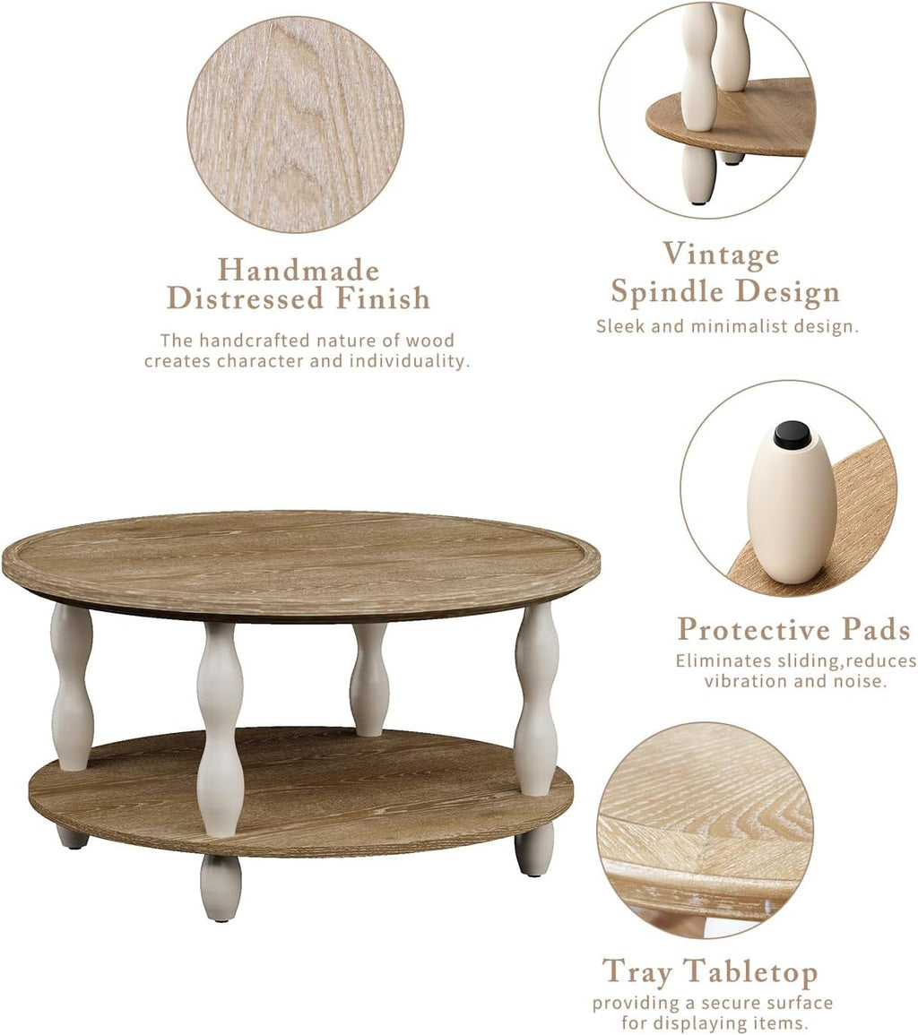karlott Round Coffee Table, 30.3' Coffee Tables for Living Room, Solid Wood Veneer 2-Tier Center Table with Storage Shelf, Pine Leg, Boho Rustic Farmhouse for Living Room, Easy Assembly, Cream Beige