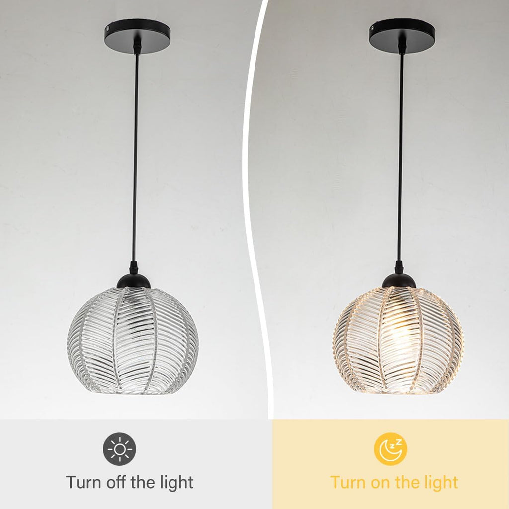 Mid Century Pendant Light Black Glass Pendant Lighting Kitchen Island 3 Light with Clear Ribbed Glass Shade Modern Chandelier Globe Hanging Light for Dining Room Sink Farmhouse