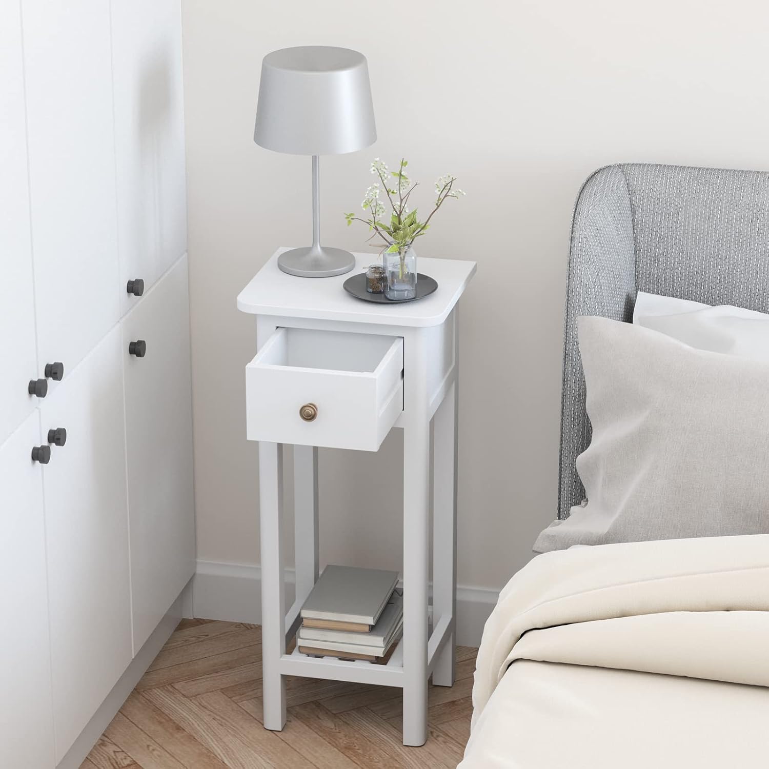 Giantex Tall End Table Set of 2, Narrow Side Table with Drawer and Shelf, Acacia Wood Nightstand for Living Room, 2-Tier Bedside Table for Small Space, No Assembly, White
