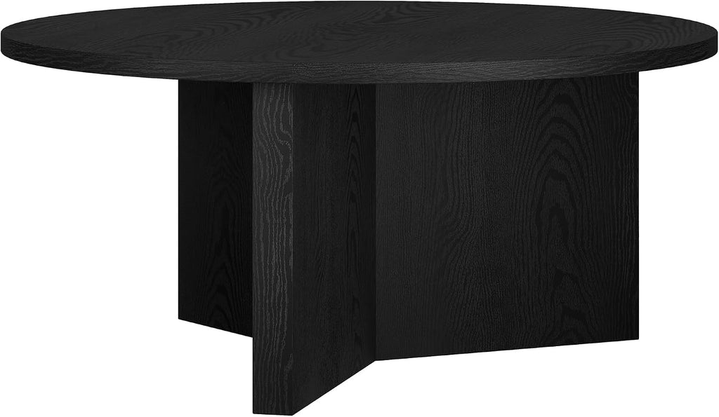 Henn&Hart 36' Round Wood Pedestal Coffee Table for Living Room, Family Room, Office, or Apartment, Natural Black