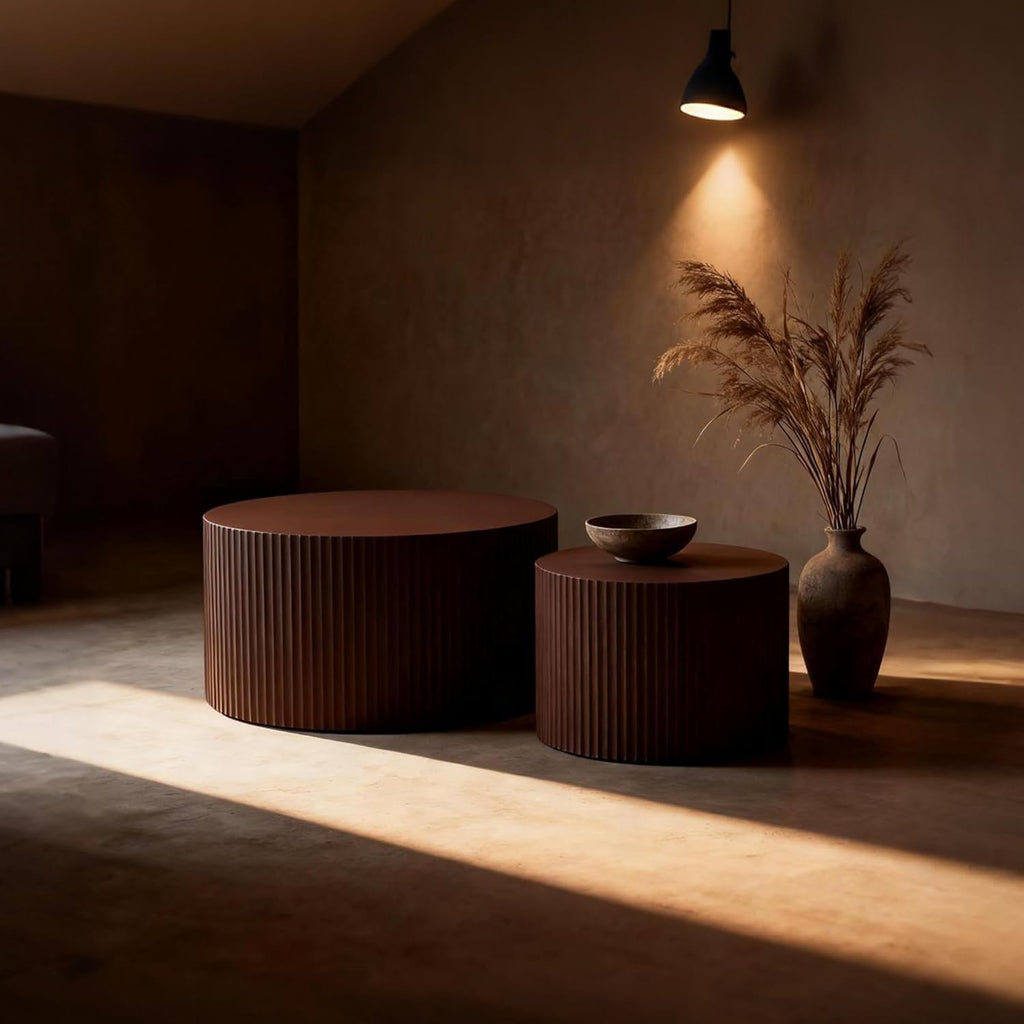 Nesting Coffee Table Set of 2, 23.6 inch Round Coffee Tables, MDF Nesting Tables with Roman Column Design, Modern Handcrafted Wooden Drum Accent Tables for Living Room - Dark Brown