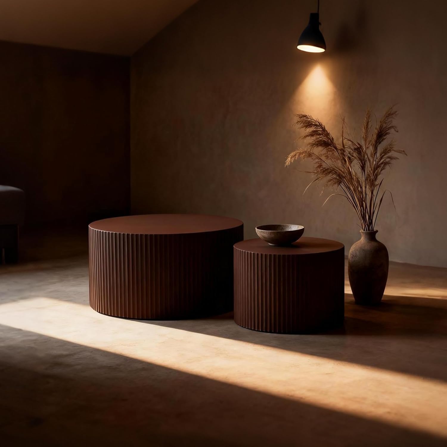 Nesting Coffee Table Set of 2, 23.6 inch Round Coffee Tables, MDF Nesting Tables with Roman Column Design, Modern Handcrafted Wooden Drum Accent Tables for Living Room - Dark Brown